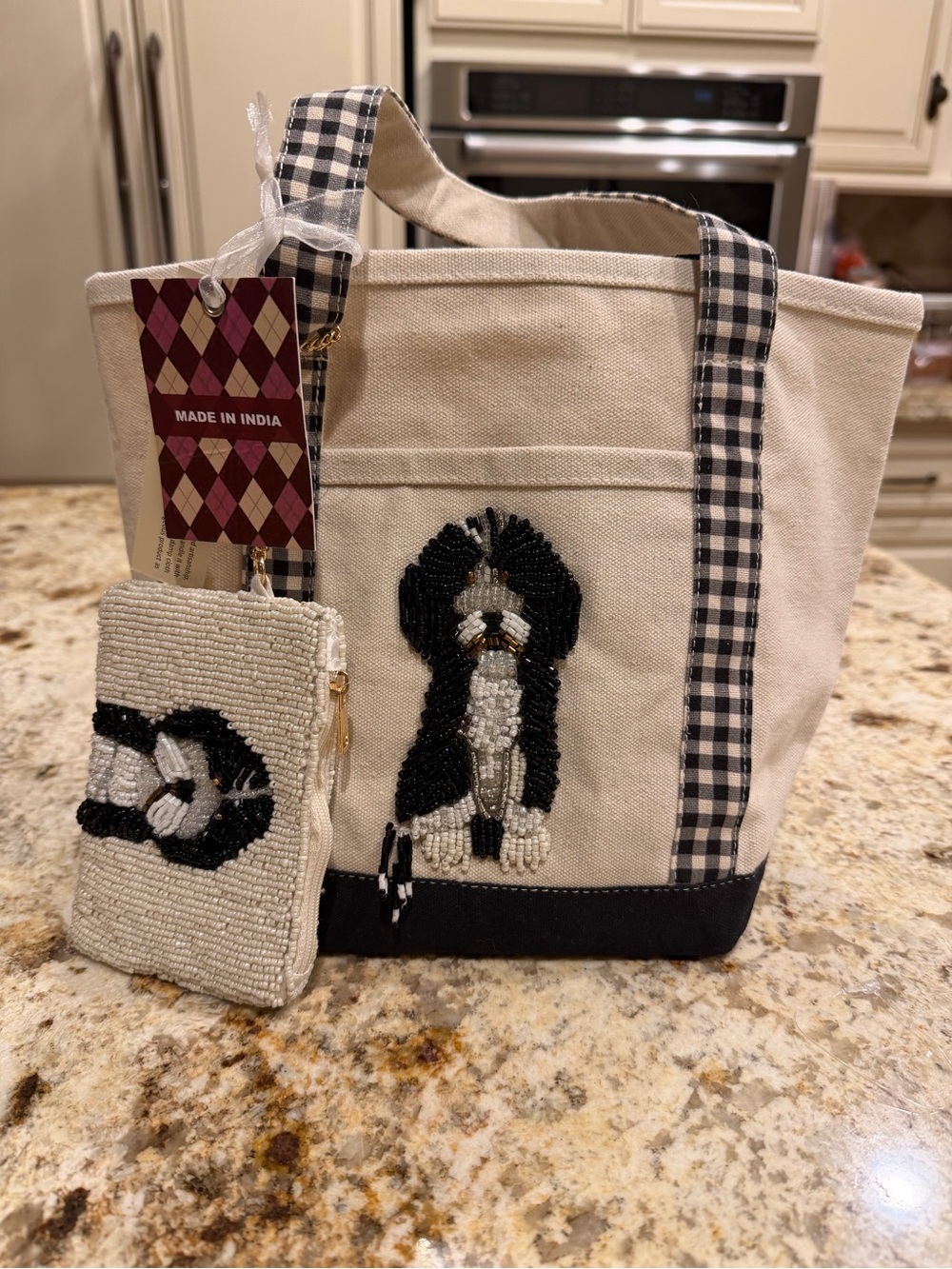 Canvas Tote with Beaded Dog Motif and Matching Pouch - Black & Cream